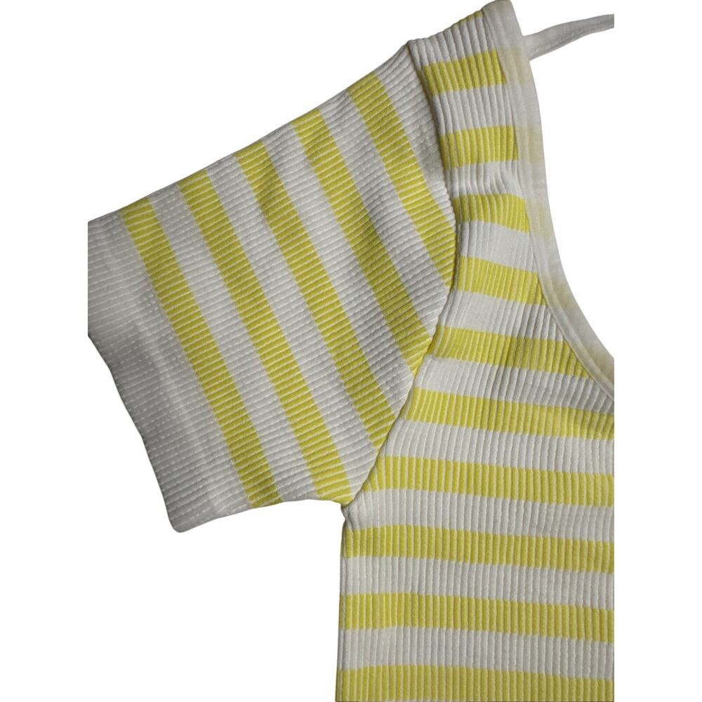 Yellow White Striped‎ Ribbed Crop Top Tie-Back Short Sleeve Knit - Picture 3 of 7